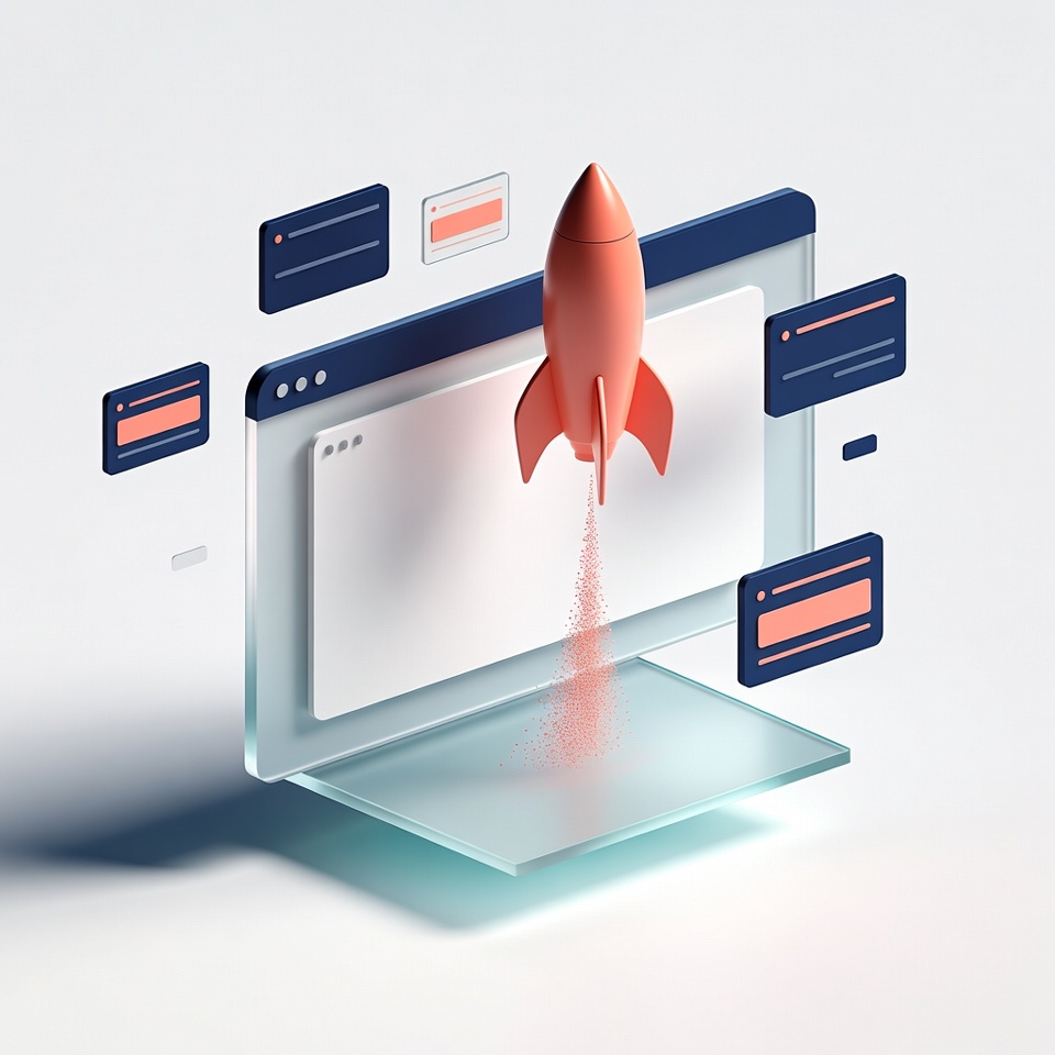 Ilustración: una web despegando como un cohete